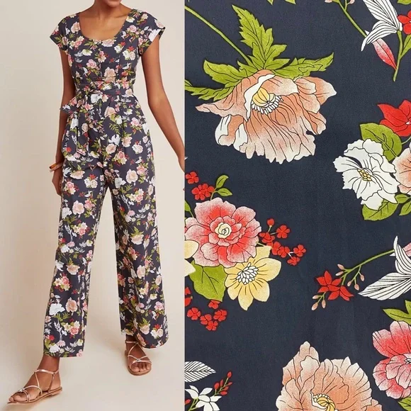 Anthropologie X Current Air Clea Wide Leg Belted Button Front Jumpsuit Floral - Picture 1 of 11